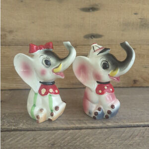 Vintage 1950s Anthropomorphic Kitschy Elephant Salt & Pepper Shakers Trunks Up